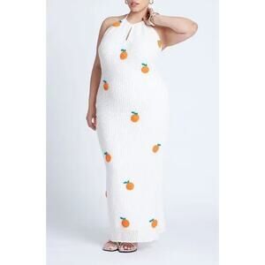 ELOQUII 14/16 White Knit Maxi Dress Oranges Embroidered Fruit Sleeveless Summer
